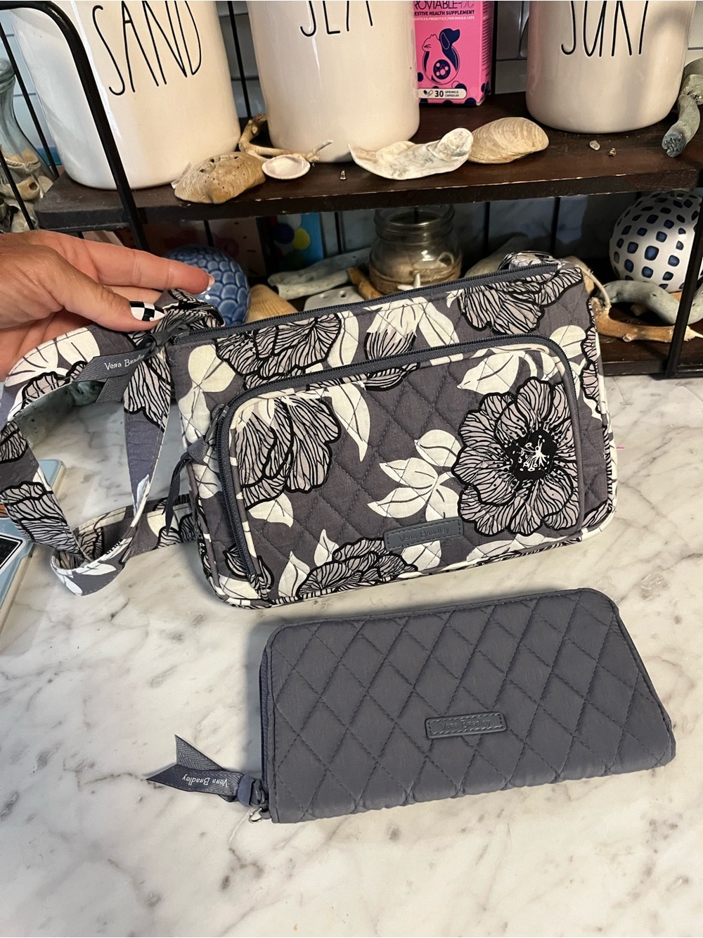 Vera Bradley Gray Floral Quilted Crossbody with Quilted Wallet